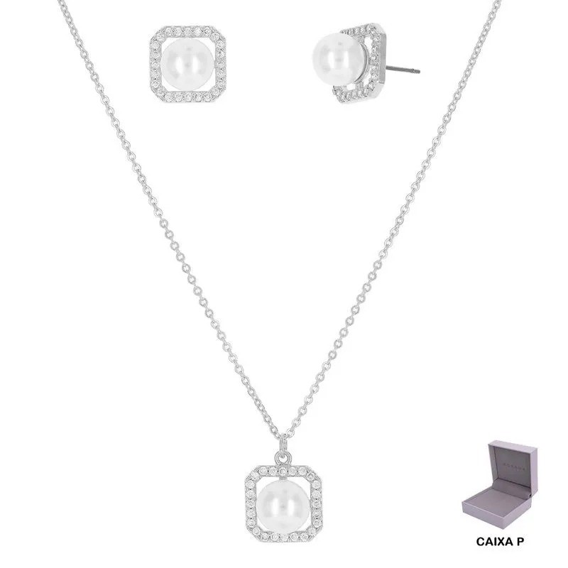 CONJUNTO DE PÉROLA MORANA COM ZIRCÔNIAS BRANHO PRATEADO