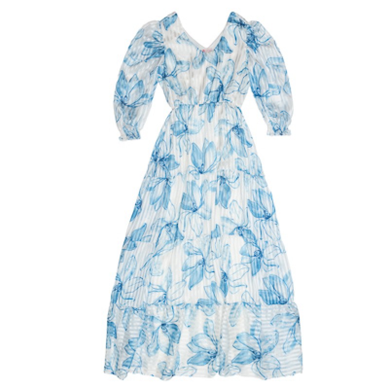 VESTIDO DE CREPE AZUL ESTAMPADO LONGO
