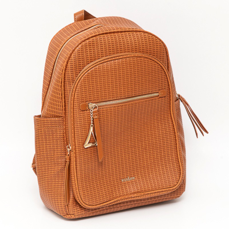MOCHILA EM PU CARAMELO COM BOLSOS ORGANIZADORES